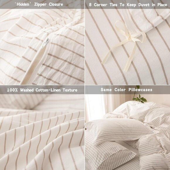 Cover with Zipper Closure and 2 Pillowcases, Color of Off White-Linen Grey Str - Picture 2 of 6